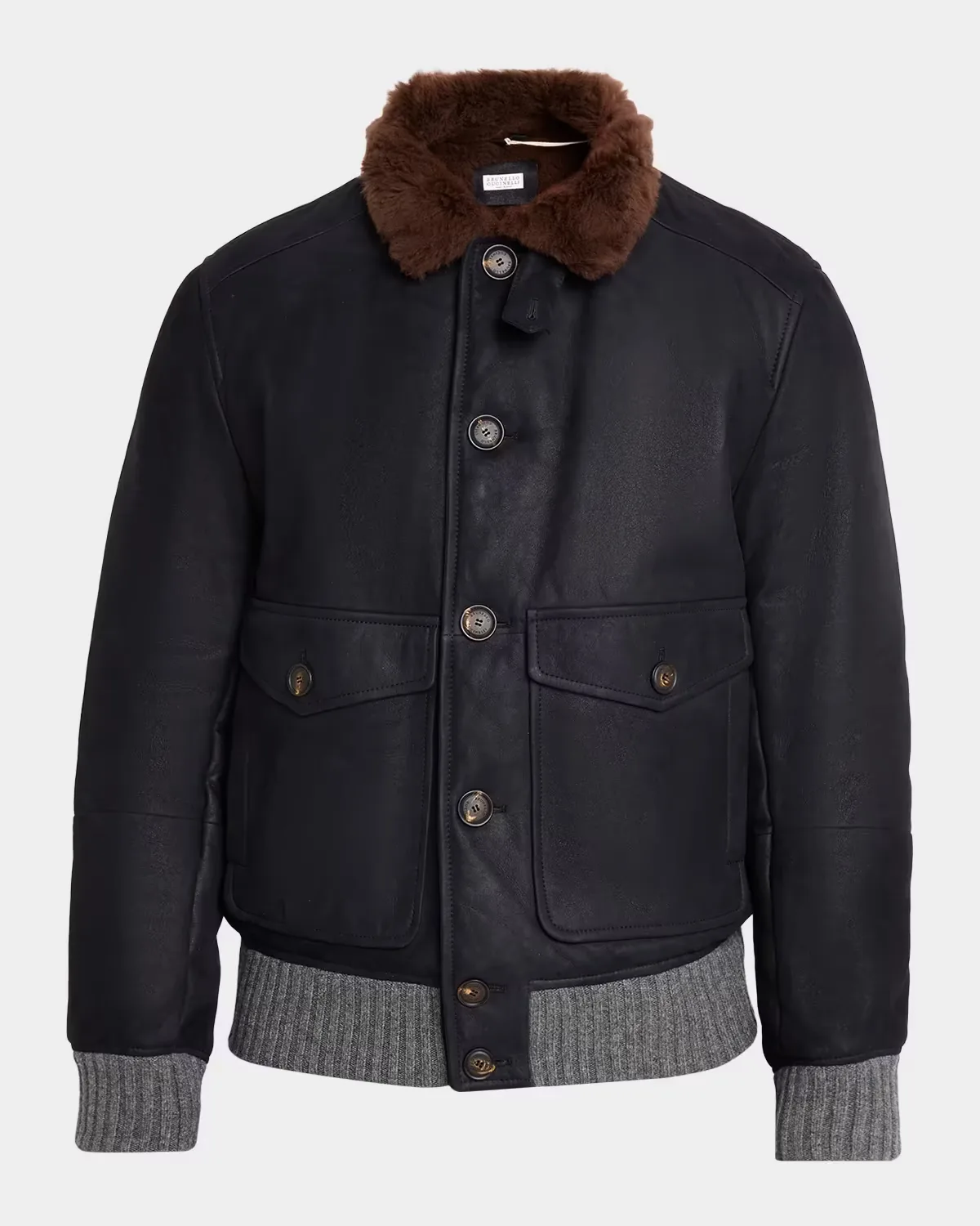 Shearling-Collar Leather Bomber Jacket by Brunello Cucinelli