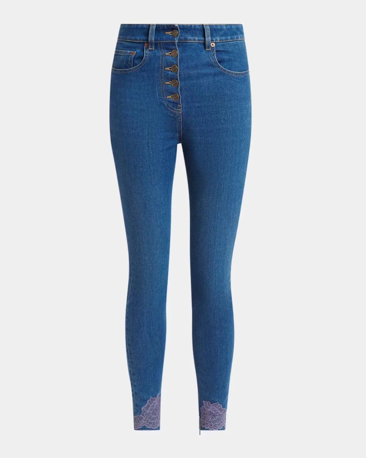Lace-Hem Denim Skinny-Leg Ankle Jeans by Valentino Garavani