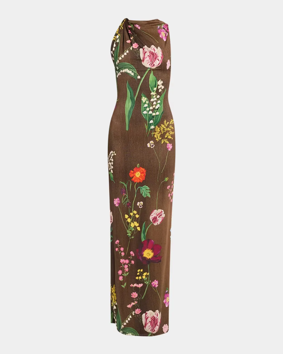 Twisted Sleeveless Mixed Botanical Jersey Column Gown by Oscar de la Renta