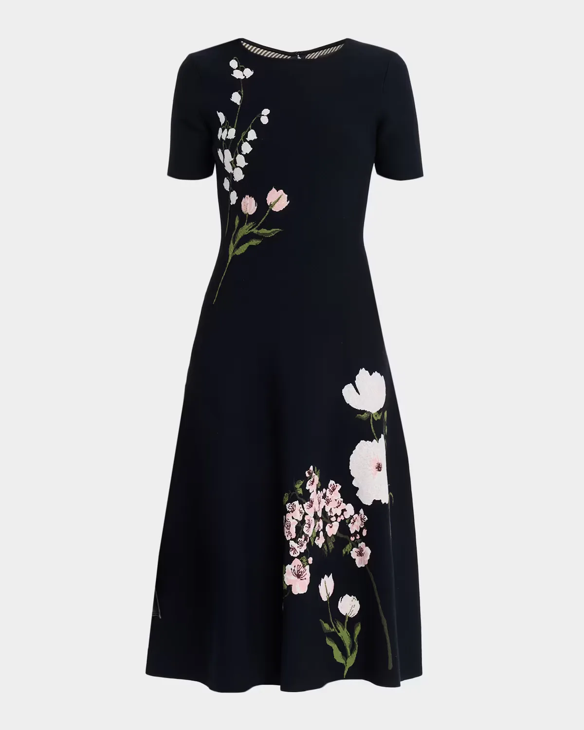 Short-Sleeve Multi Floral Knit Midi Dress
