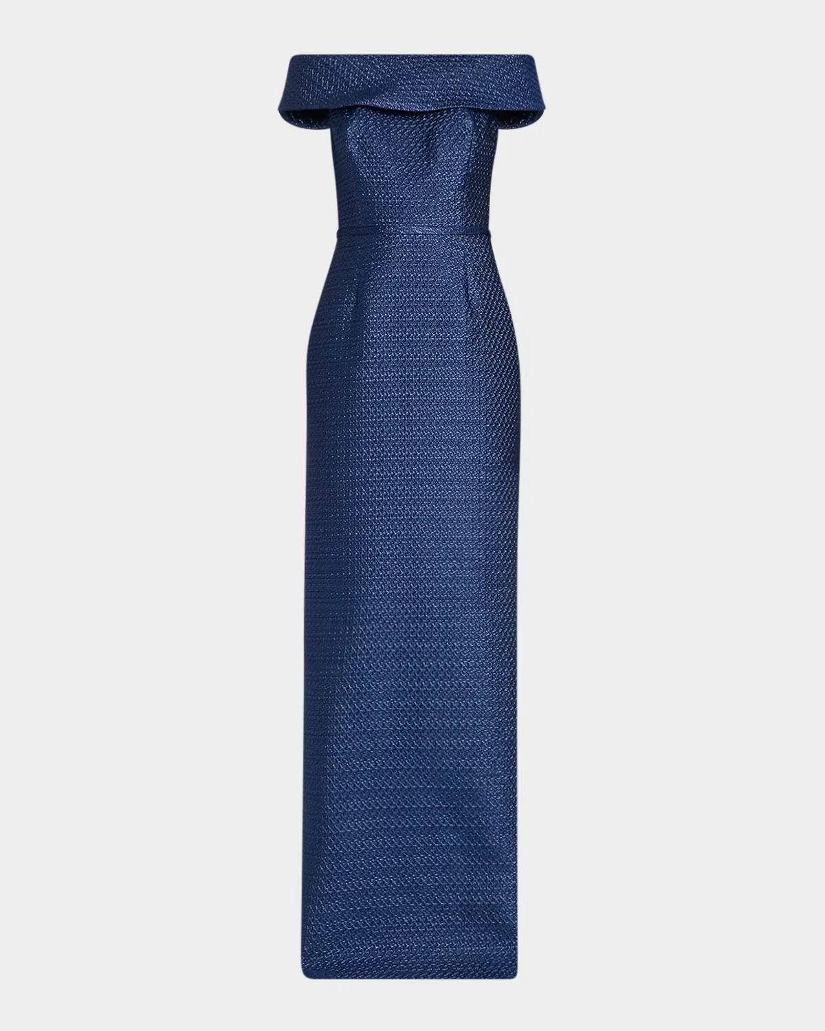 Basket Weave Jacquard Off-the-Shoulder Column Gown by Teri Jon