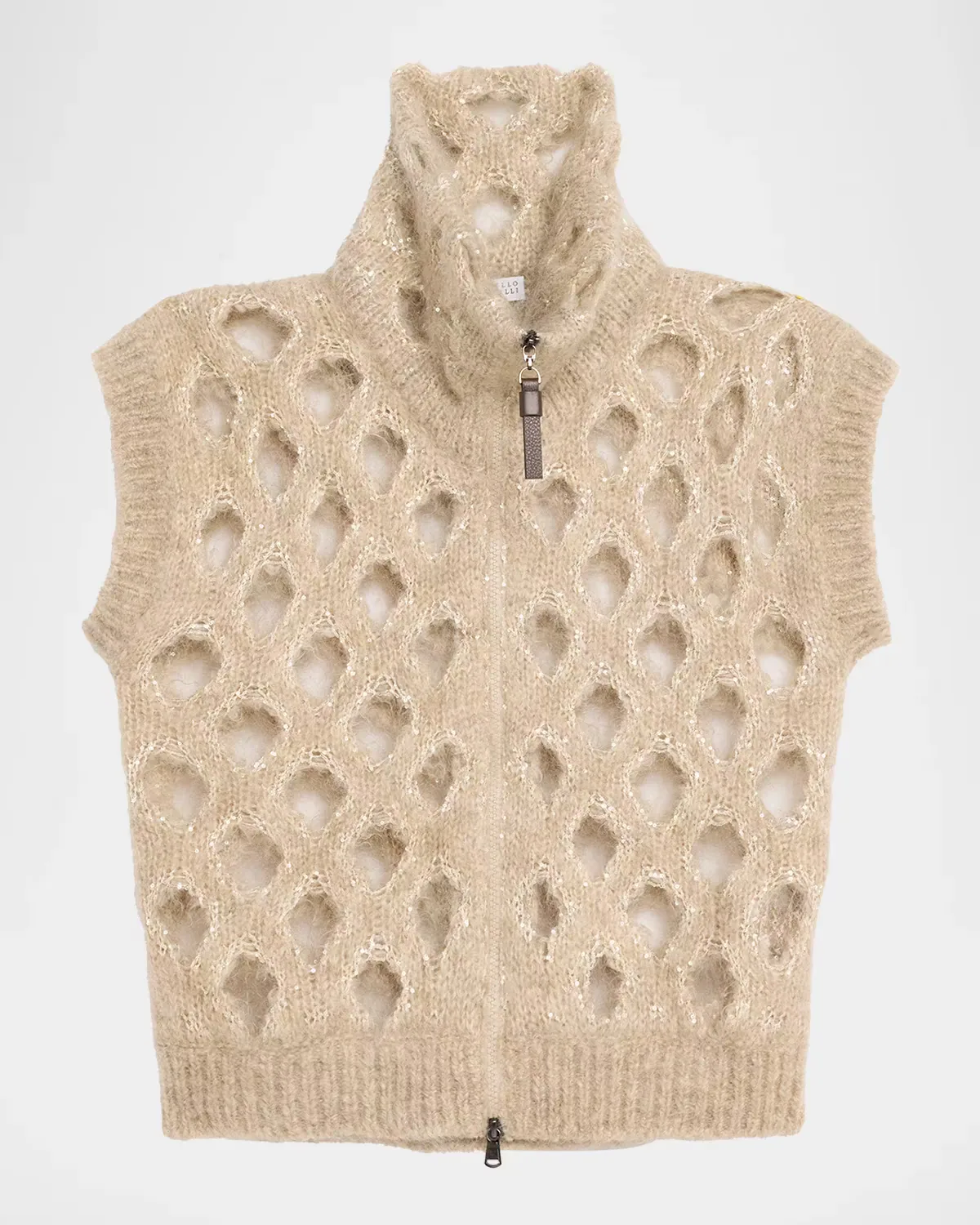 Turtleneck Paillette Mohair-Blend Open Knit Zip Vest by Brunello Cucinelli