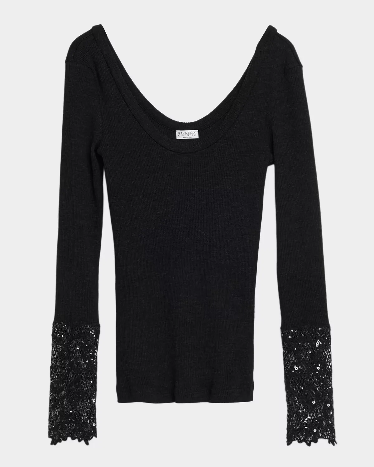 Shimmering Cuff Wool Jersey Long-Sleeve Top by Brunello Cucinelli