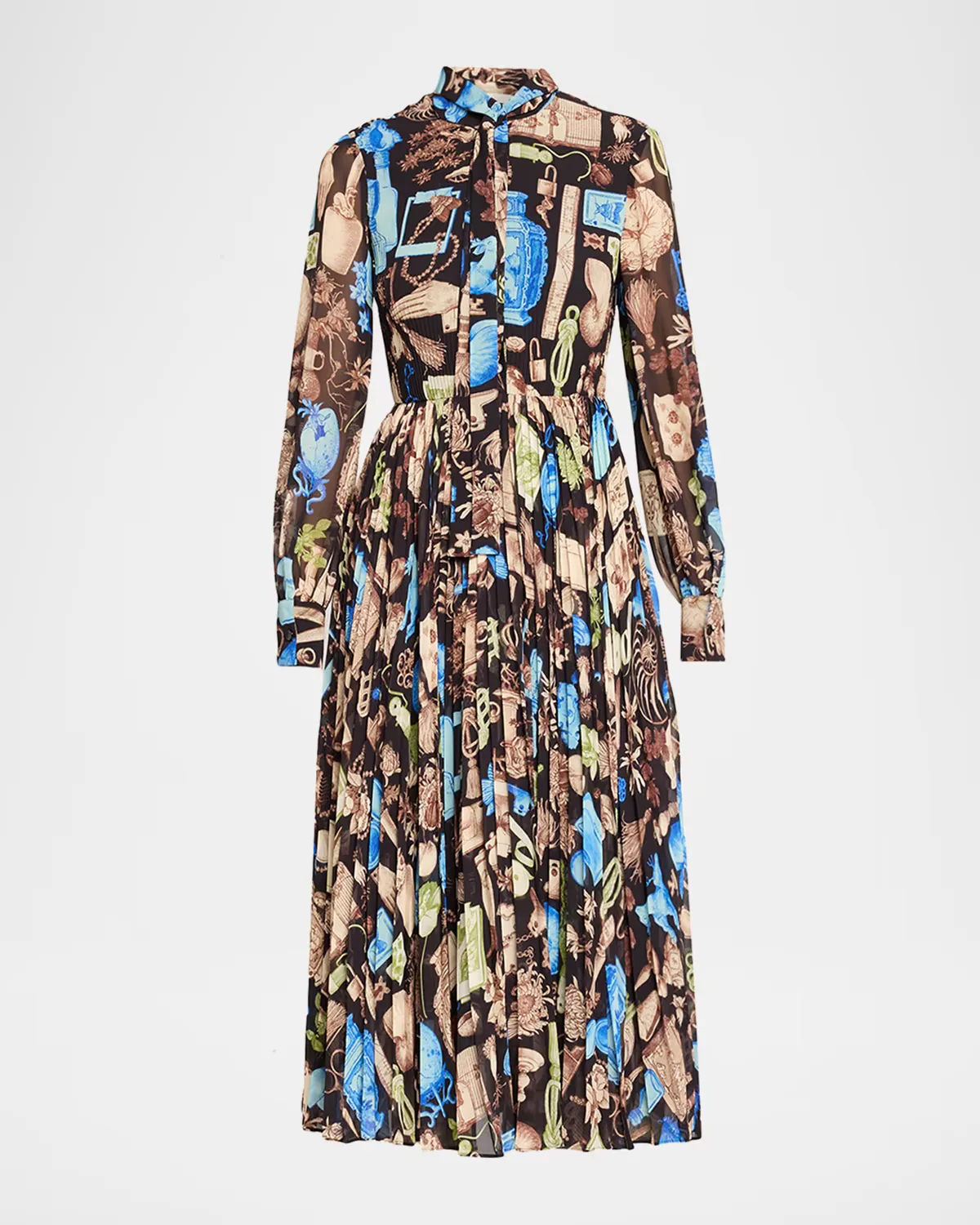 Tie-Neck Pleated Chiffon Long-Sleeve Midi Dress by Jason Wu