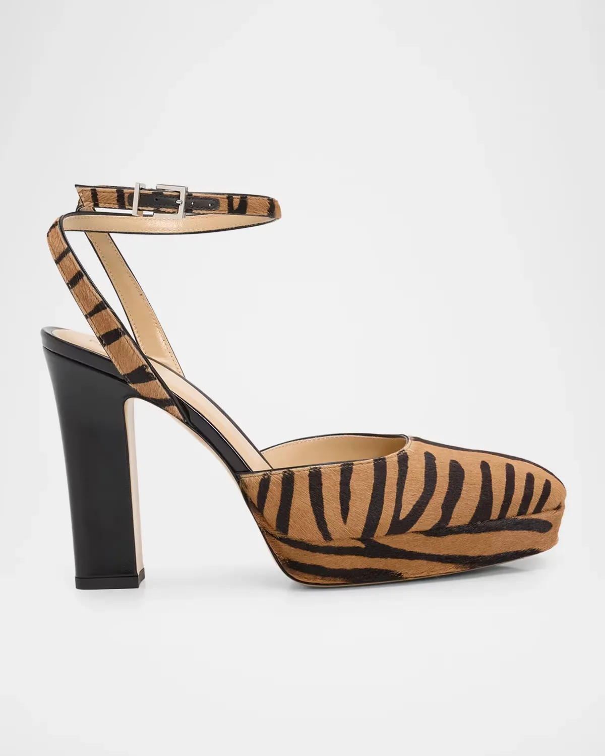 110mm Cavallino Tiger Calf Hair Ankle-Strap Pumps