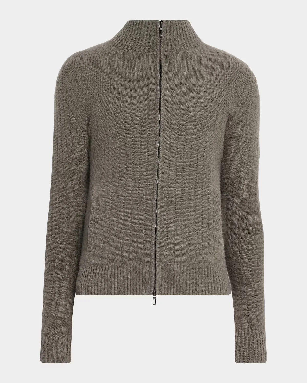Cashmere Wide-Rib Mock Neck Full-Zip Sweater by Neiman Marcus