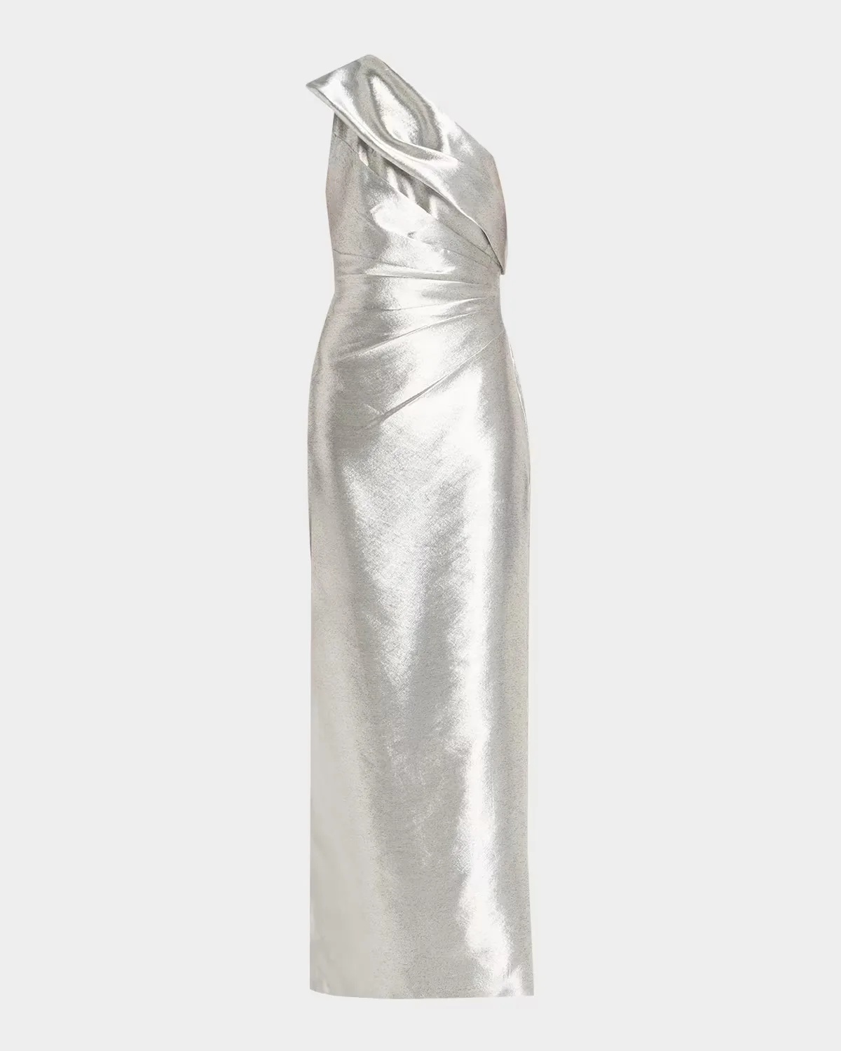 Pleated One-Shoulder Metallic Jacquard Gown by Aidan Mattox