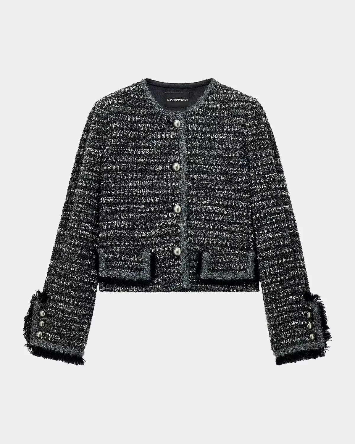 Virgin Wool-Blend Boucl Fringe-Trim Jacket by Armani