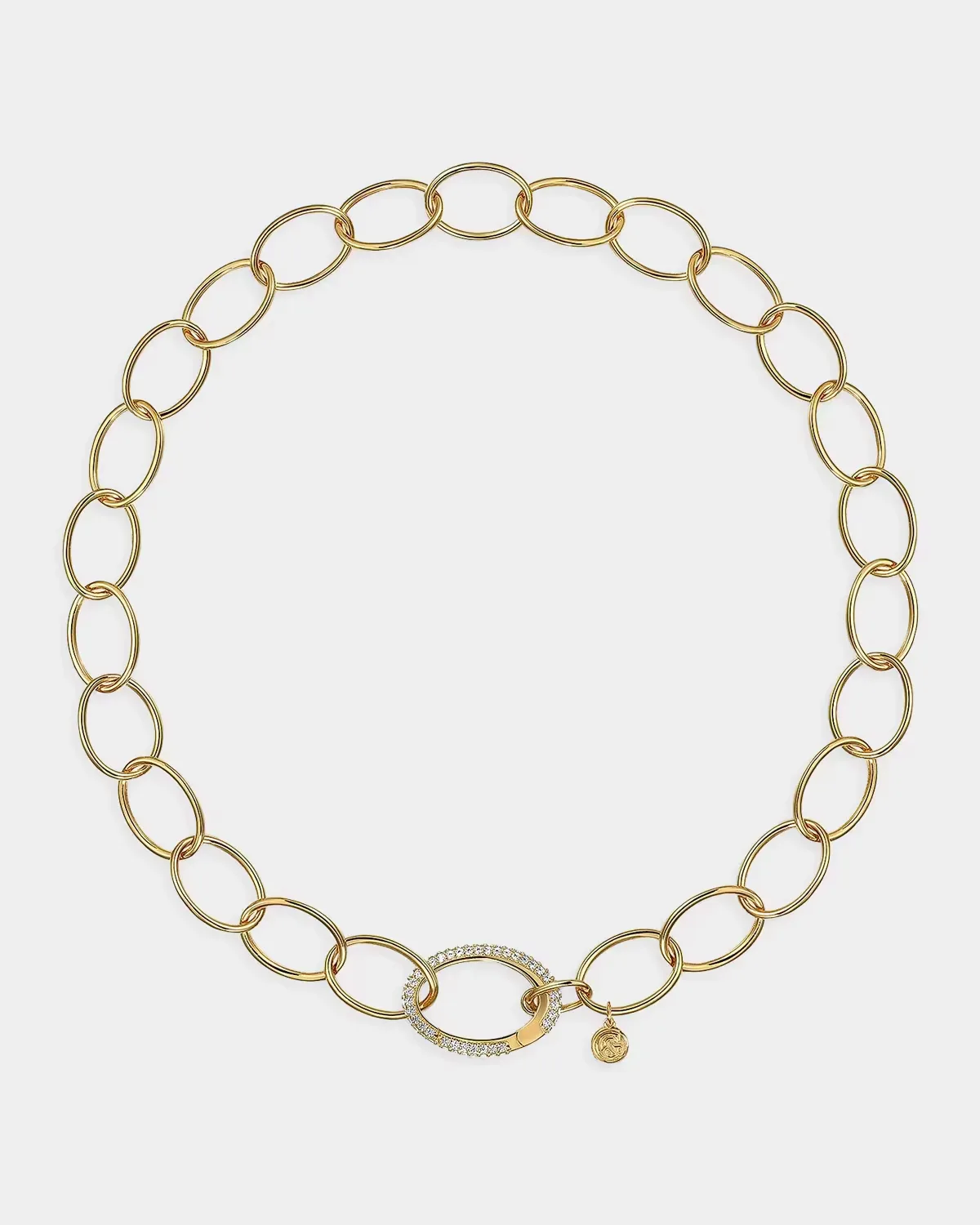 14K Yellow Gold Hollow Chain Necklace with Diamond Oval Lock Pendant