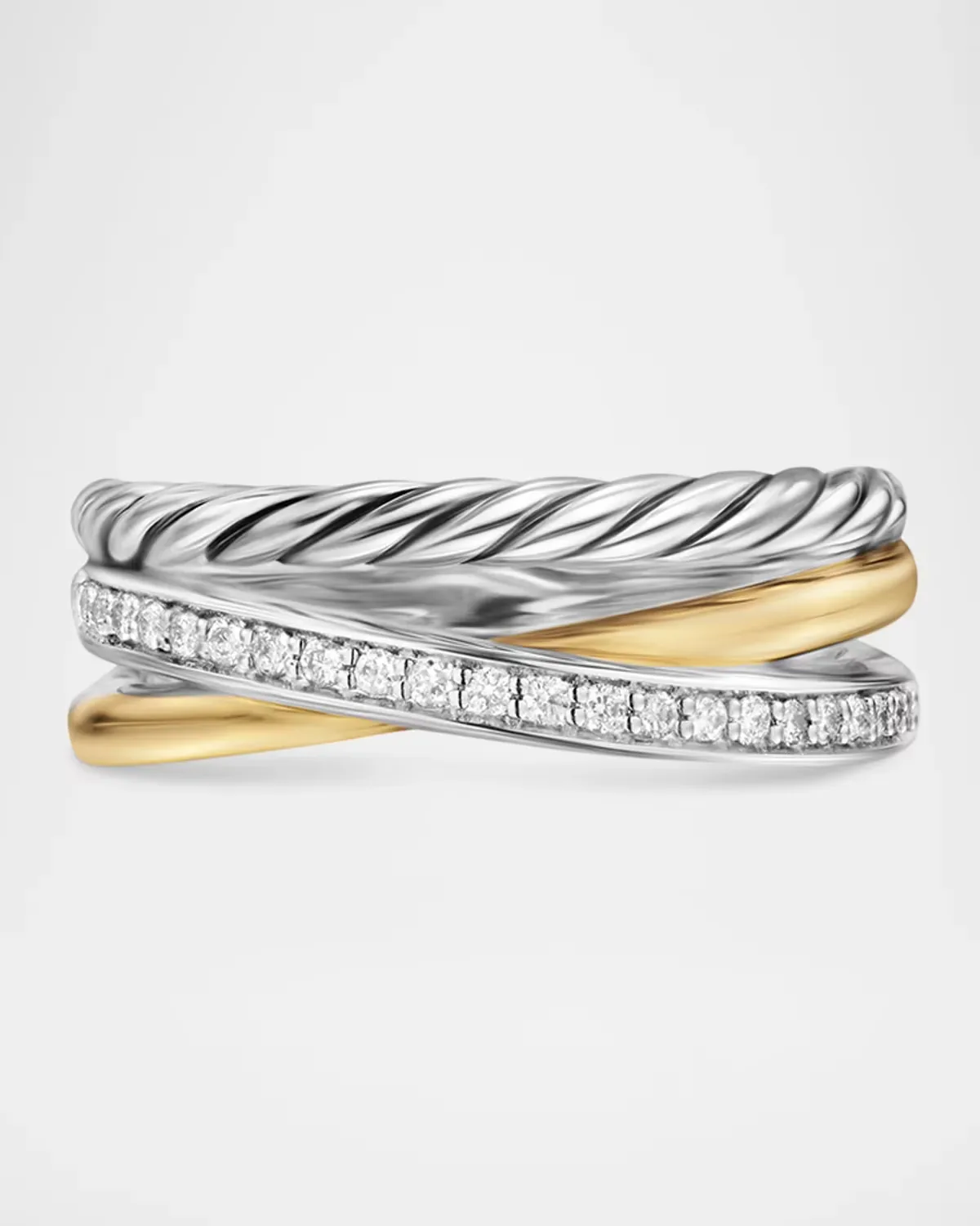 Crossover Three-Row Ring with Diamonds in 18K Gold and Silver, 7mm