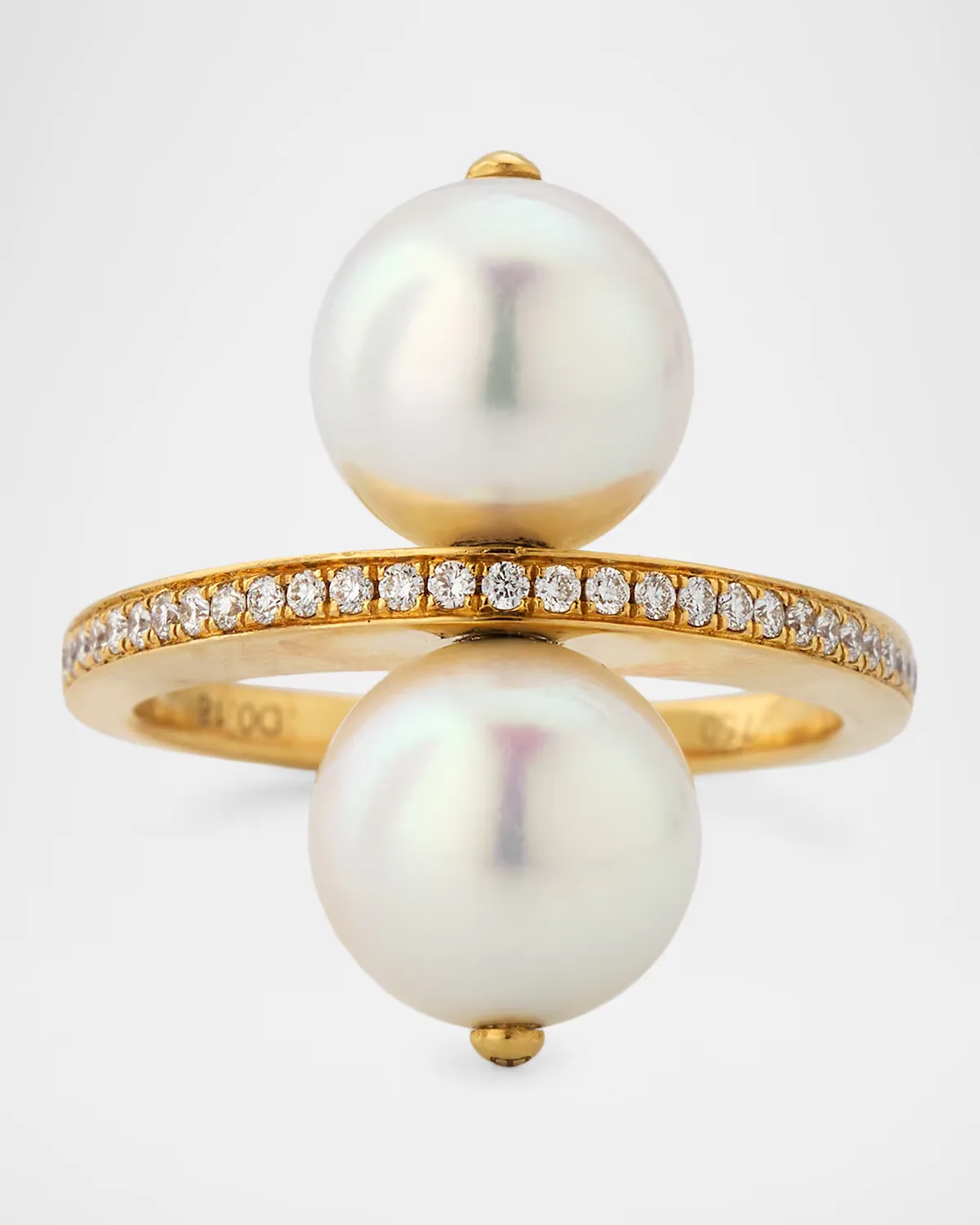 18K Yellow Gold Double-Pearl and Diamond Pave Ring by Belpearl