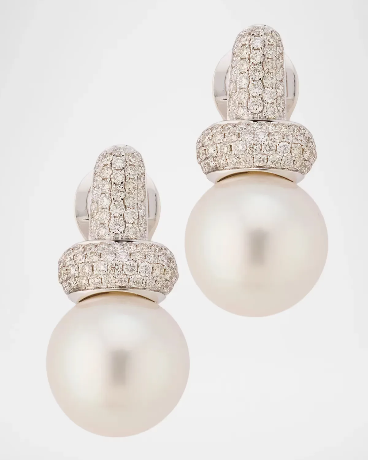18K White Gold Diamond Pave Pearl Huggie Earrings by Belpearl