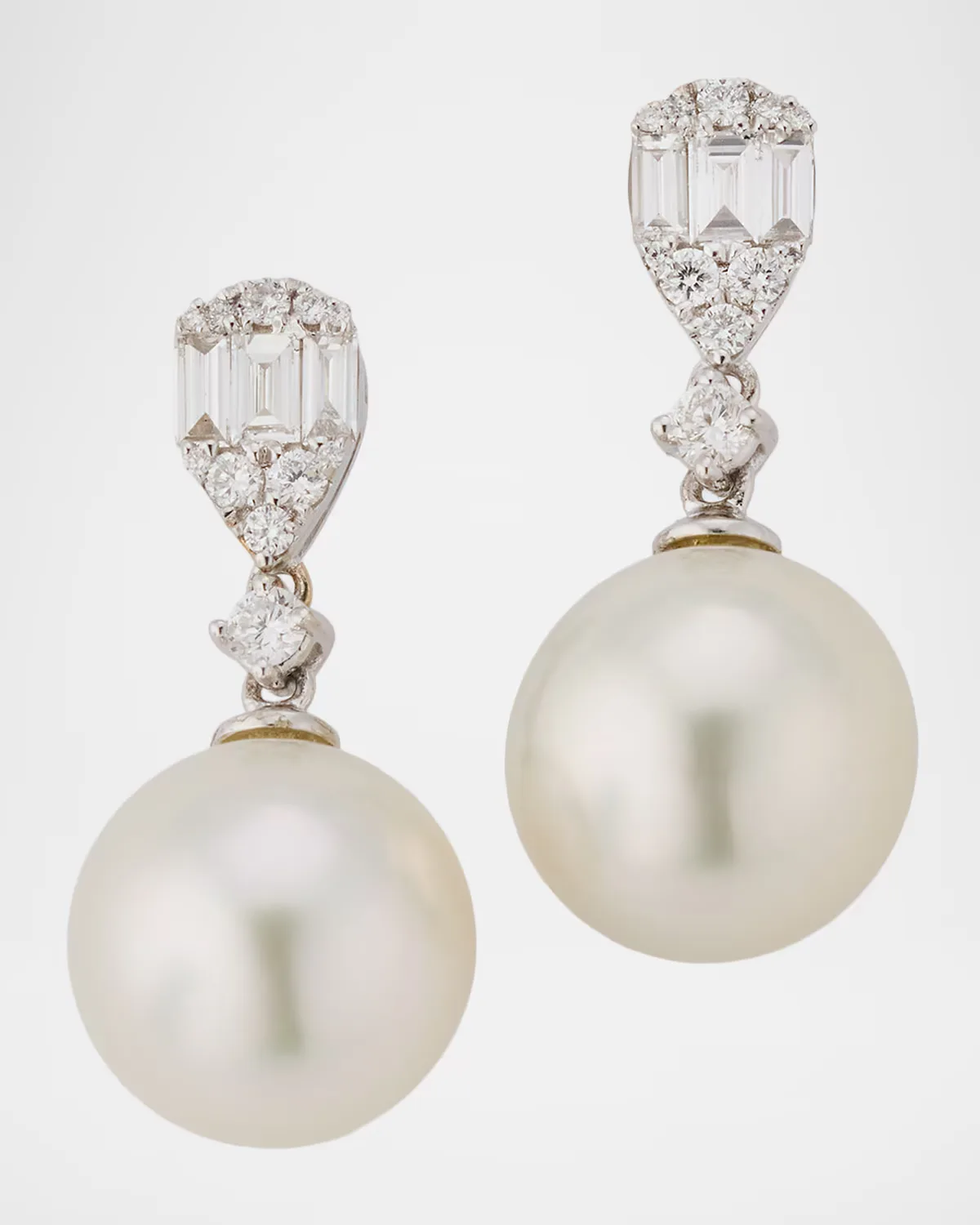 18K White Gold South Sea Pearl and Baguette Diamond Drop Earrings by Belpearl