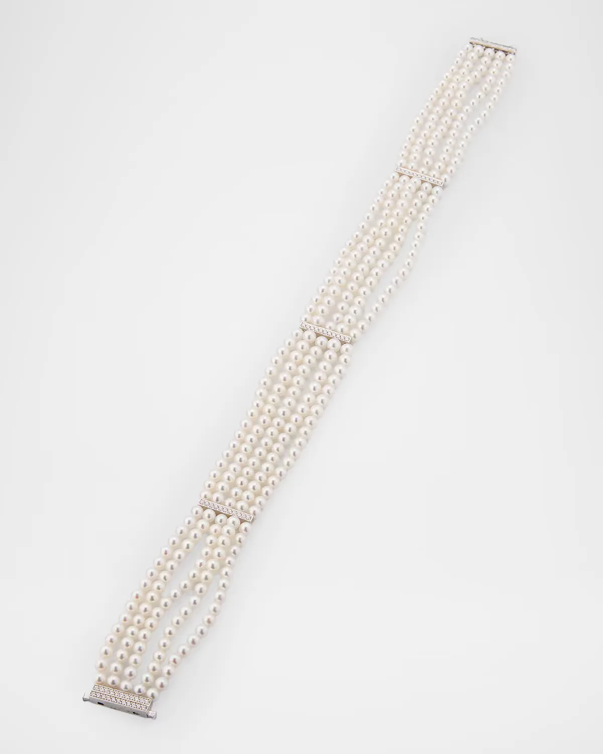 18K White Gold 5-Row Stacked Pearl Choker with Diamond Bars by Belpearl