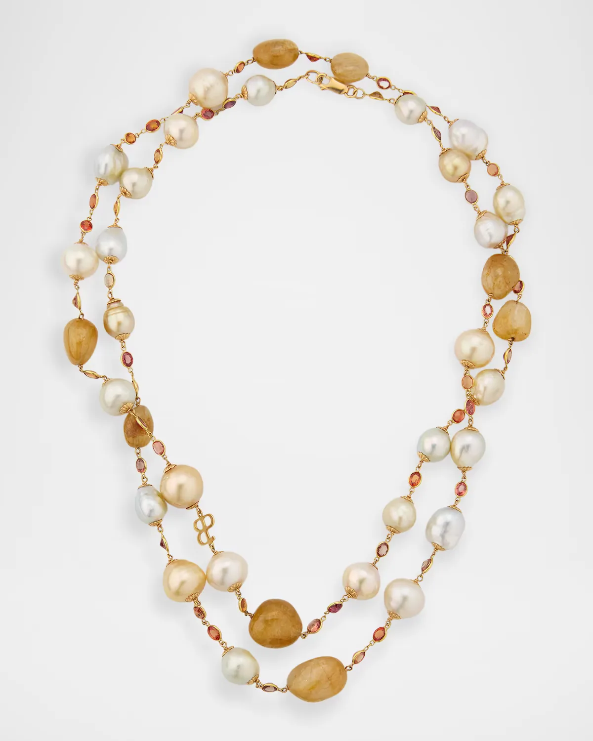 18K Yellow Gold Orange Sapphire and Pearl Long Necklace, 42L by Belpearl