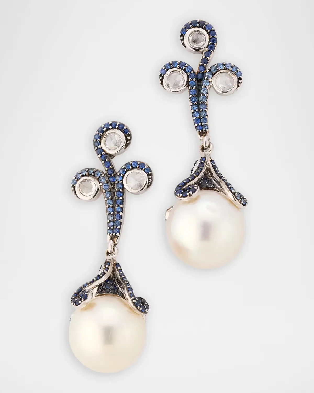 18K White Gold Diamond and Blue Sapphire Pearl Drop Earrings by Belpearl