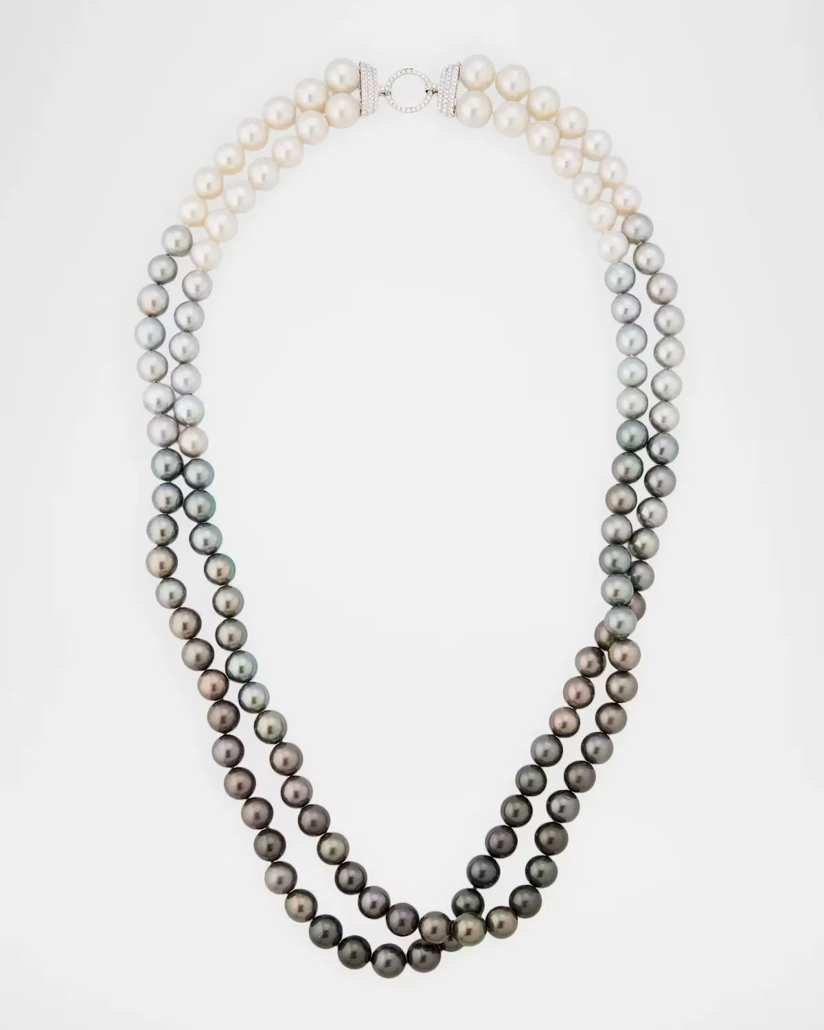 18K White Gold 8-14mm Tahitian and South Sea Pearl 2-Row Necklace with Diamond Jump Ring, 34L by Belpearl