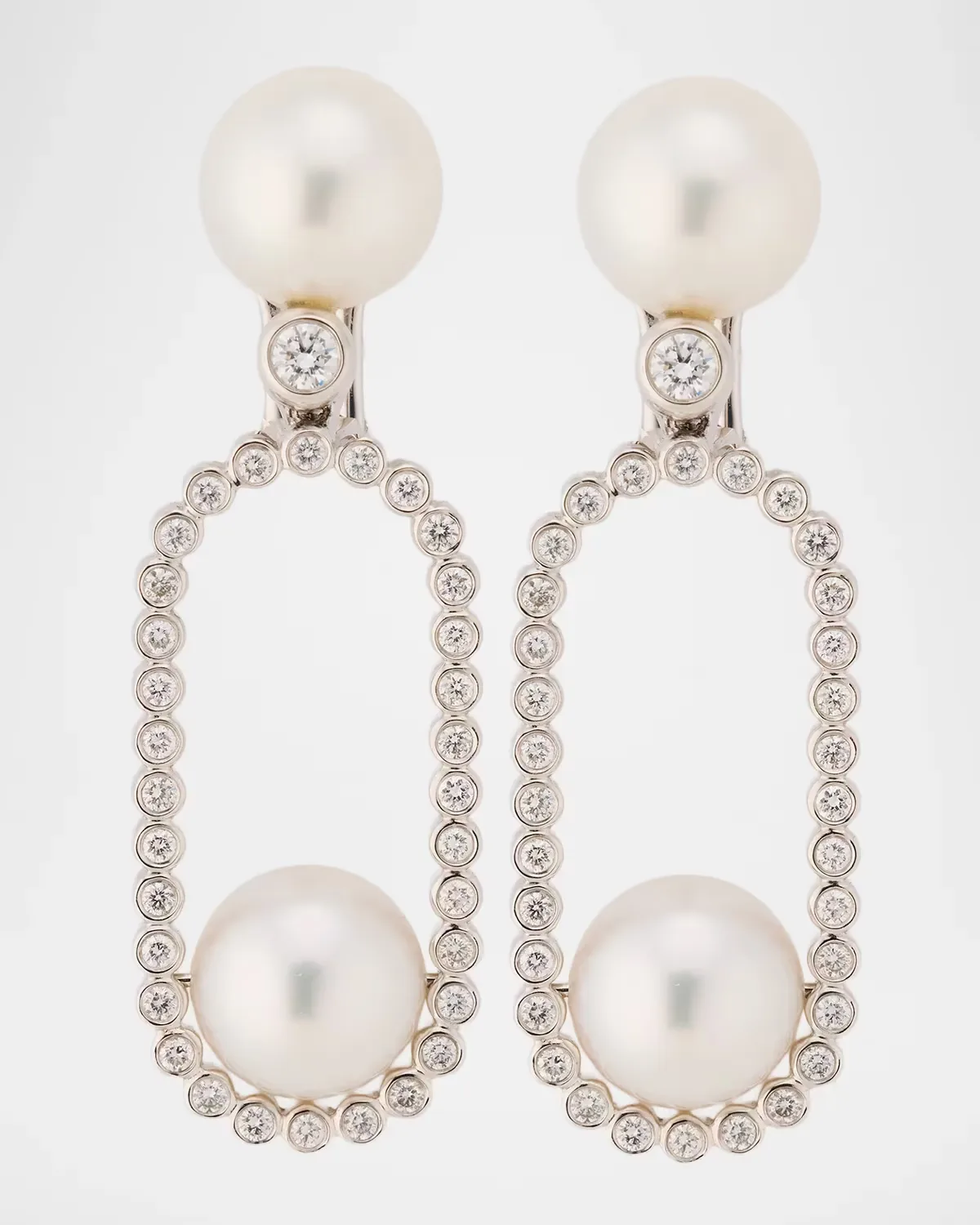 18K White Gold Double-Pearl Diamond Bezel Framed Drop Earrings by Belpearl