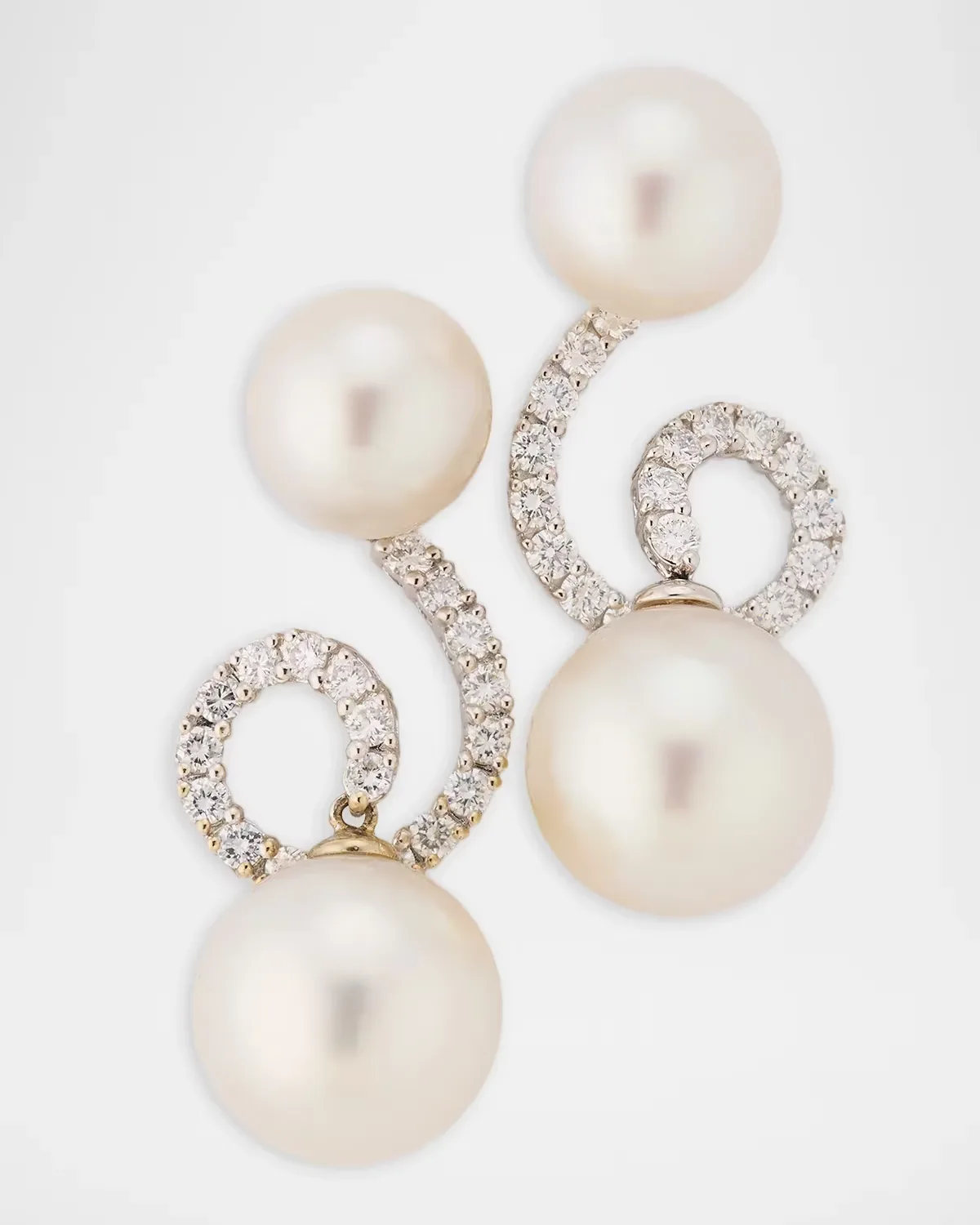 18K White Gold Double-Pearl Diamond Spiral Earrings by Belpearl