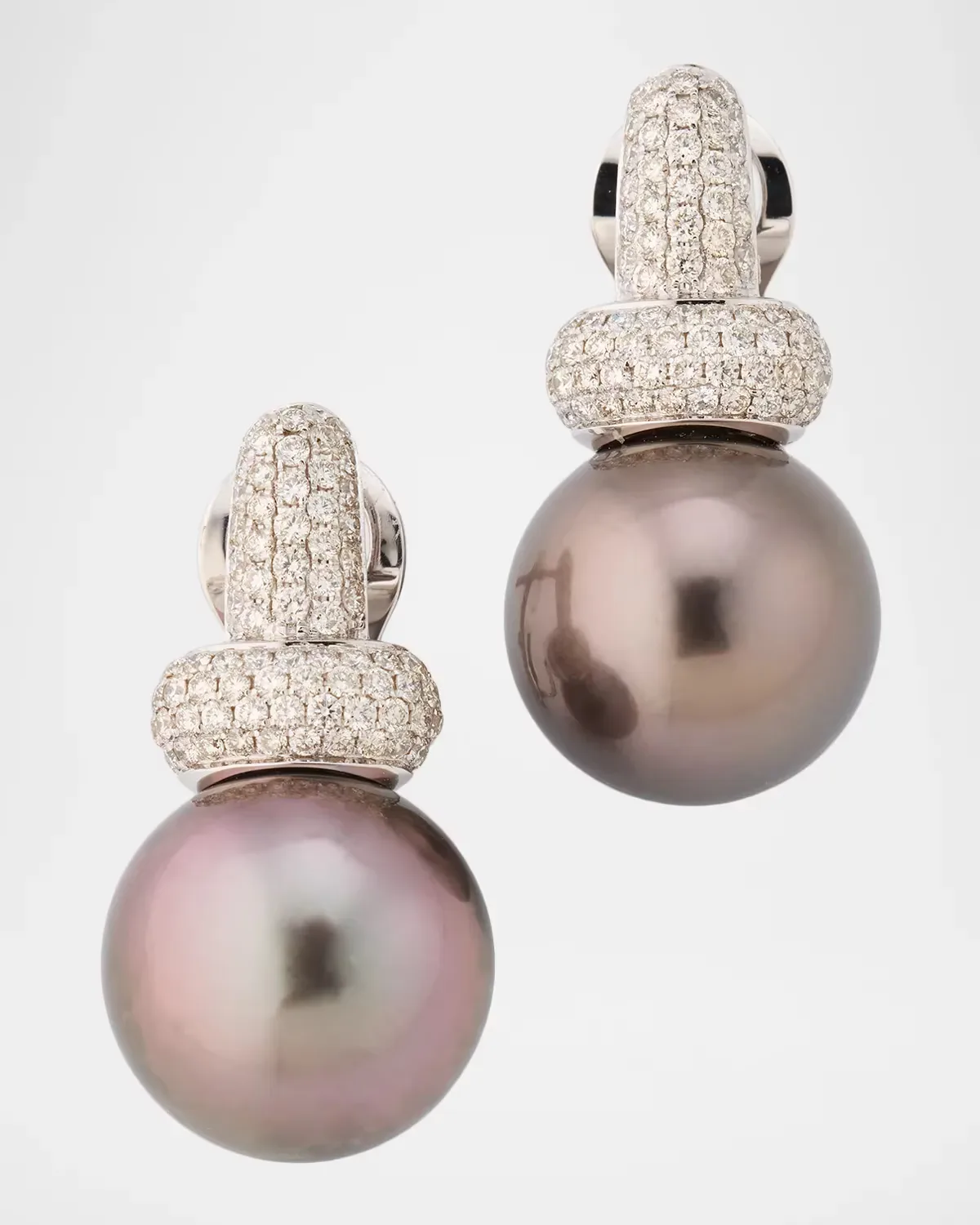 18K White Gold Pave Diamond and 13mm Tahitian Pearl Earrings by Belpearl