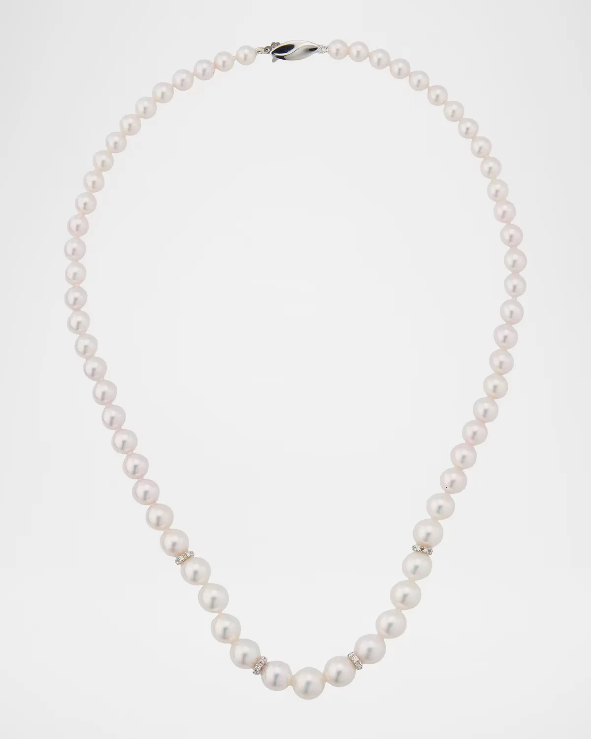 18K White Gold Graduated Pearl Necklace with Diamond Rondelles, 18L by Belpearl