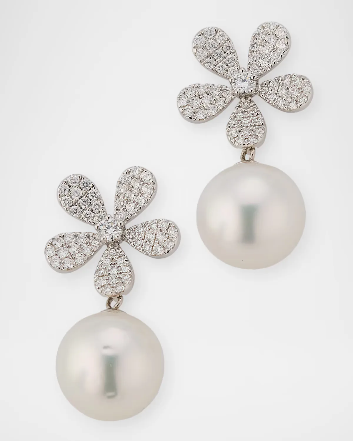 18K White Gold Pave Diamond Flower and Detachable 12.5mm South Sea Pearl Earrings
