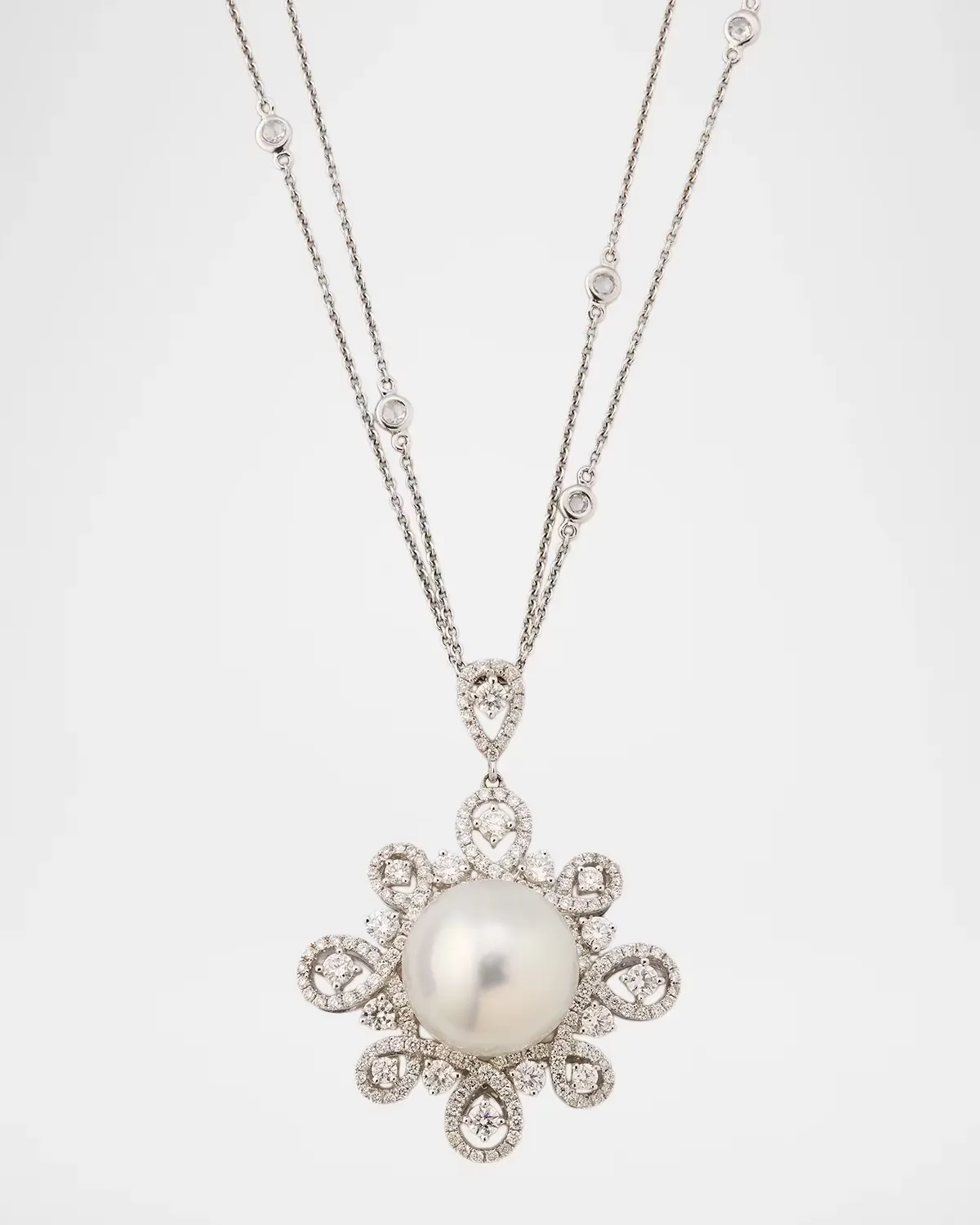 18K White Gold Diamond Frame Pearl Pendant Necklace by Belpearl