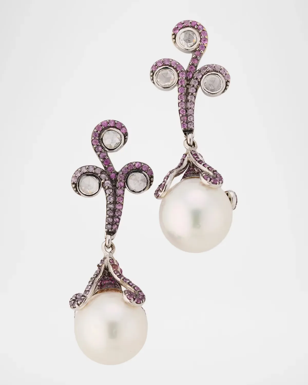 18K White Gold Diamond and Pink Sapphire Pearl Drop Earrings by Belpearl