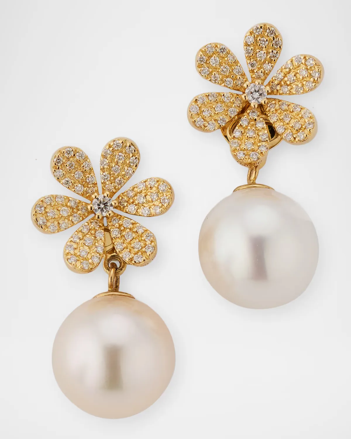 18K Yellow Gold Pave Diamond Flower and 11mm South Sea Pearl Earrings