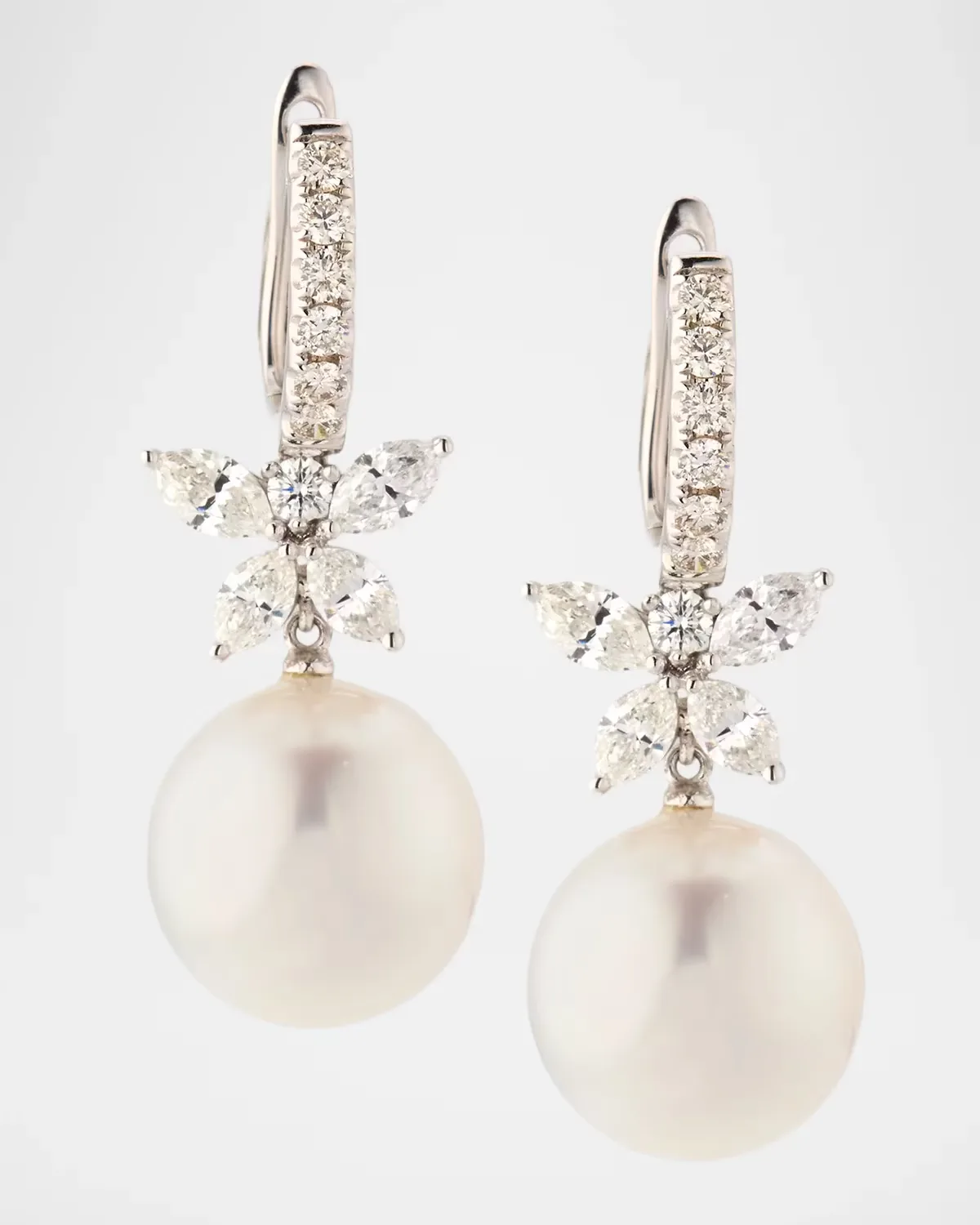 18K White Gold Diamond Flower Pearl Drop Earrings by Belpearl