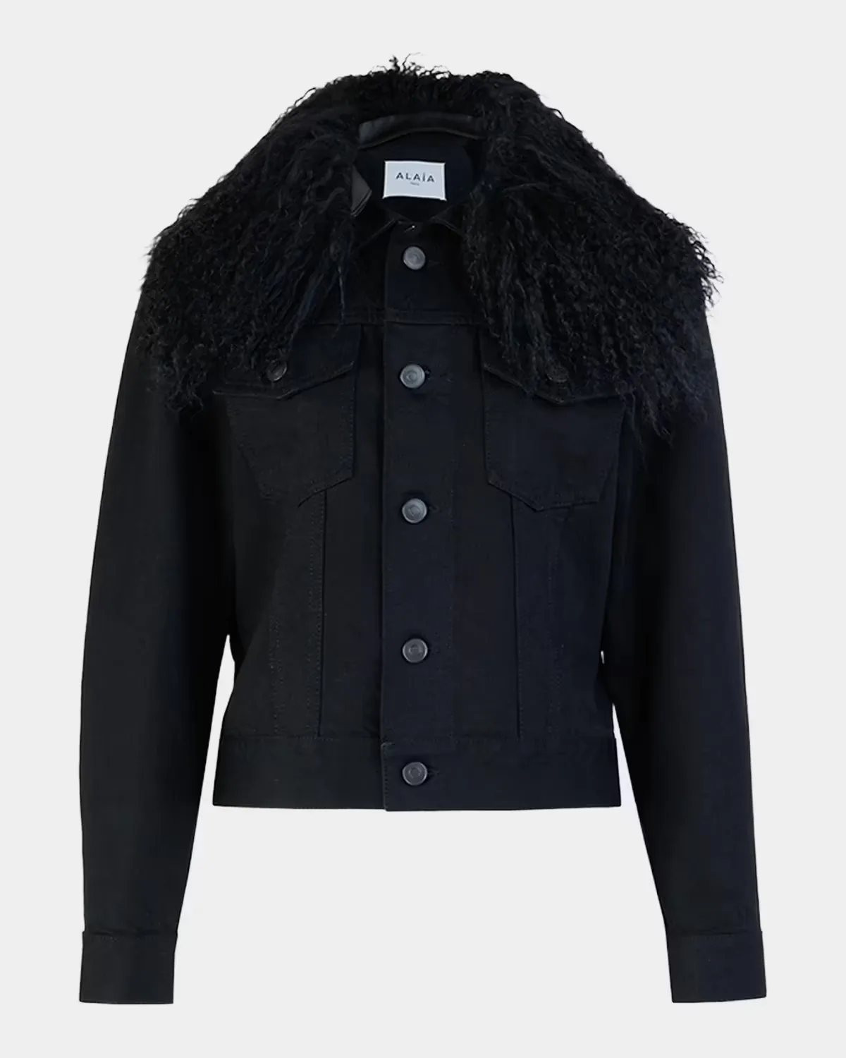 Lamb Shearling Collar Denim Trucker Jacket by ALAA