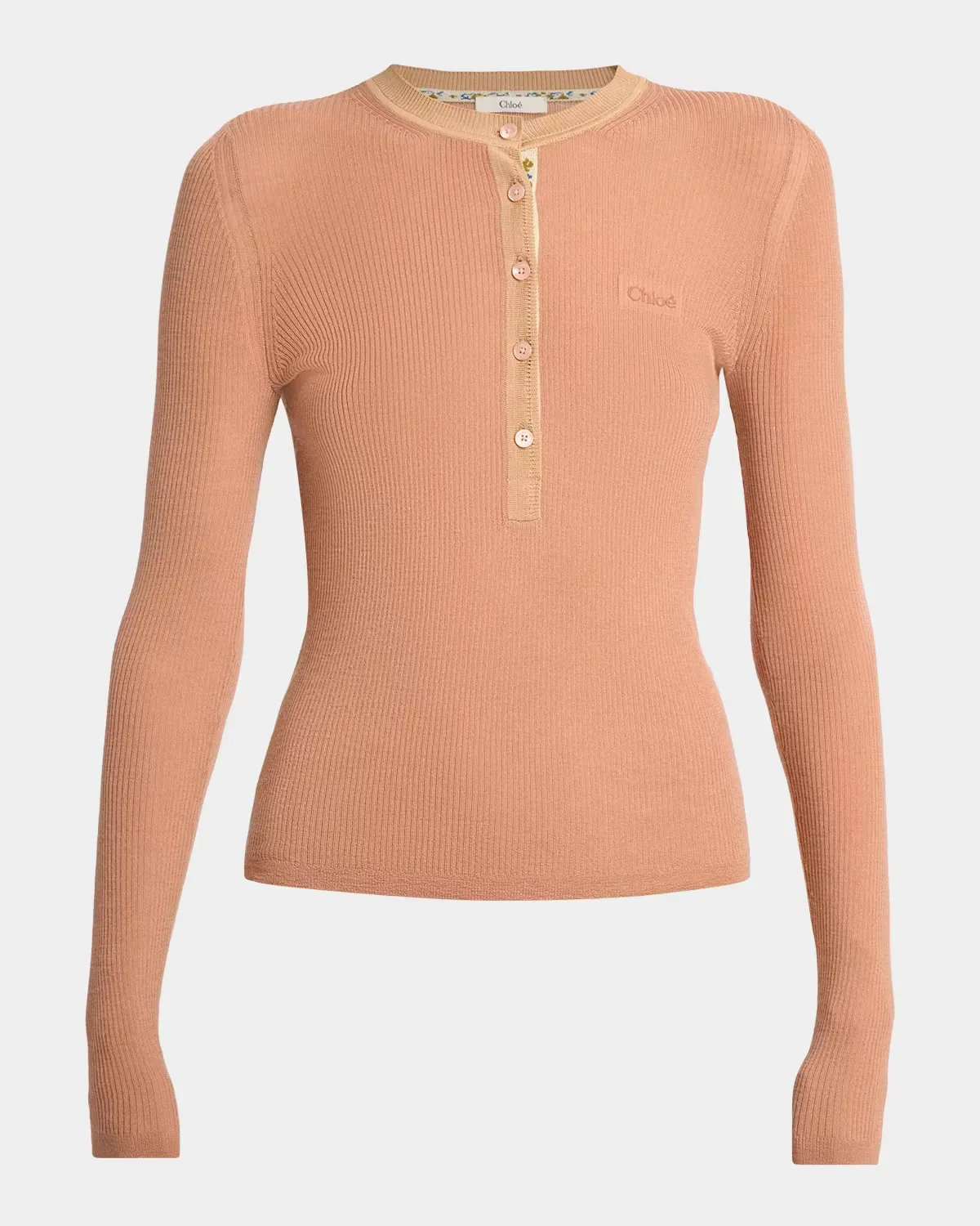 Silk-Wool Rib Long-Sleeve Henley Top by Chloé