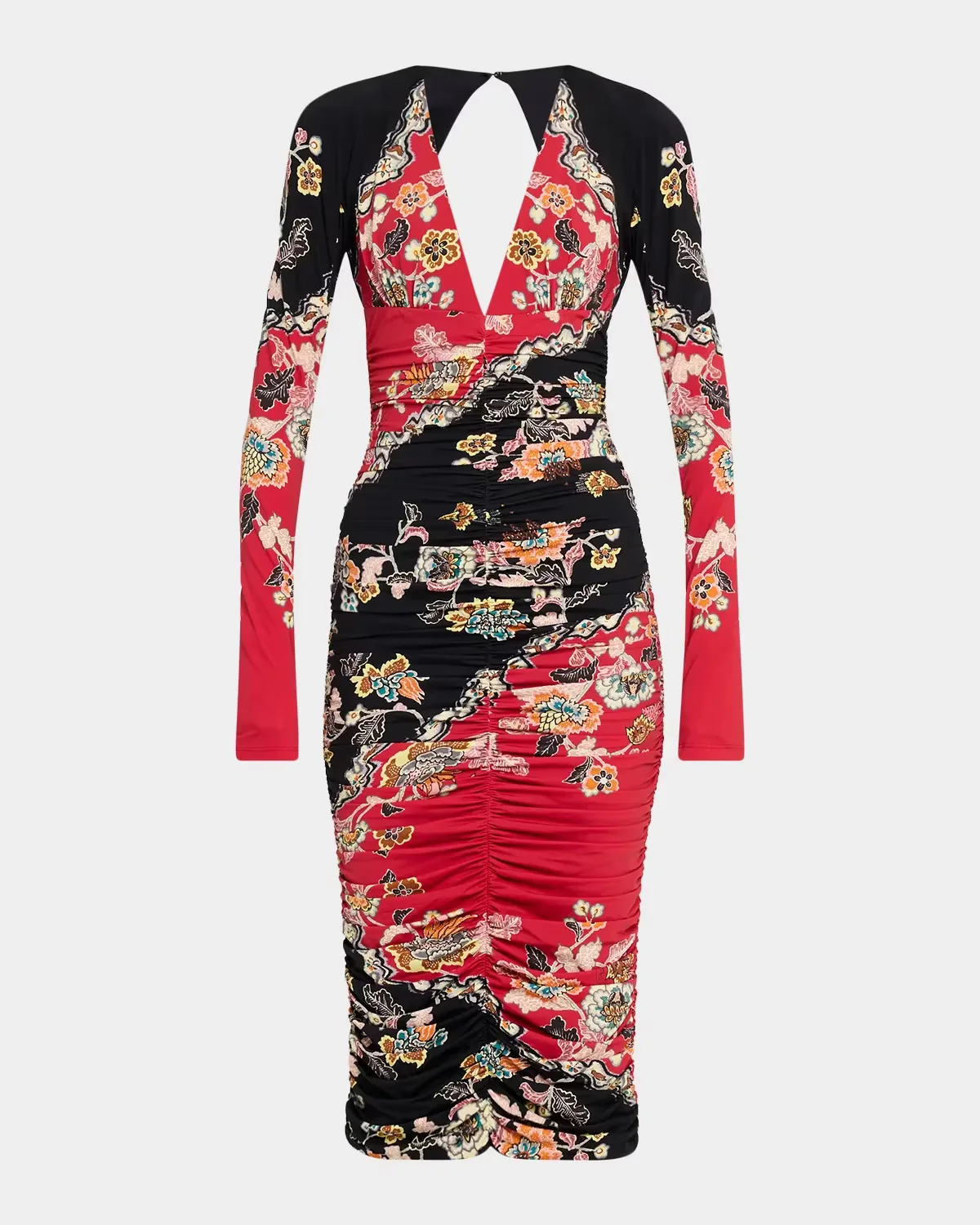 Ruched Open-Back Long-Sleeve Midi Dress by Roberto Cavalli