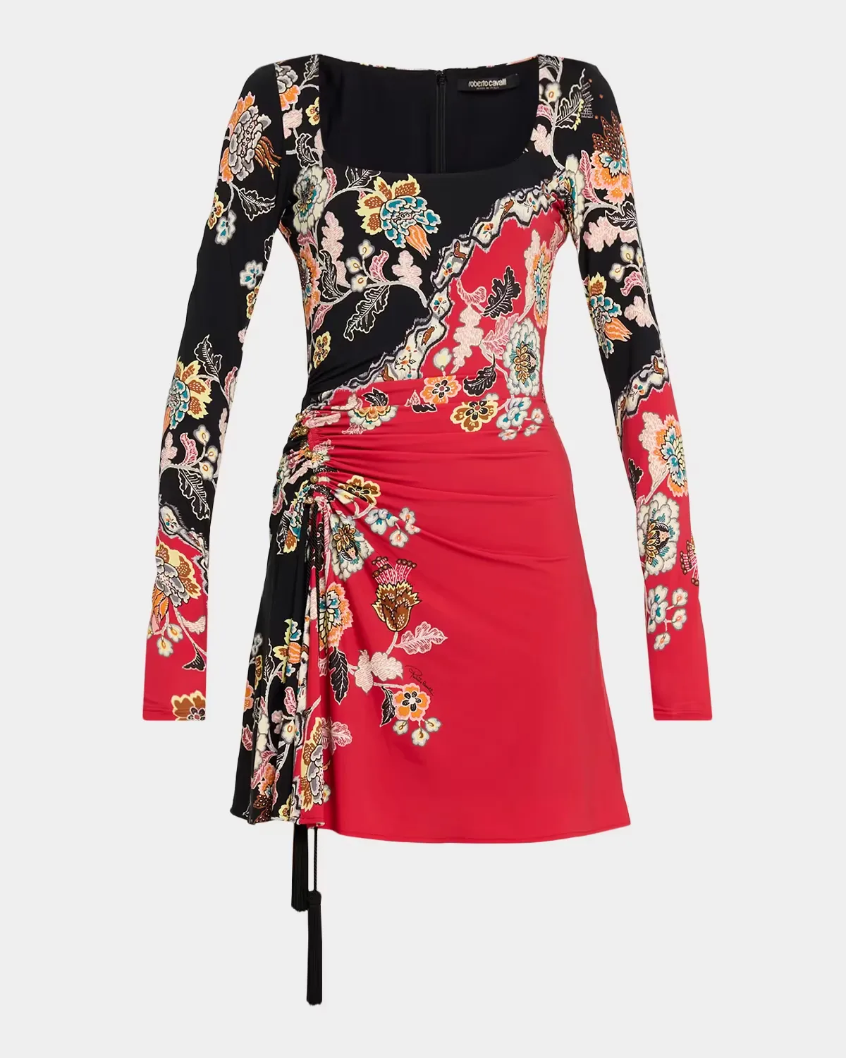 Ruched Long-Sleeve Floral Mini Dress by Roberto Cavalli