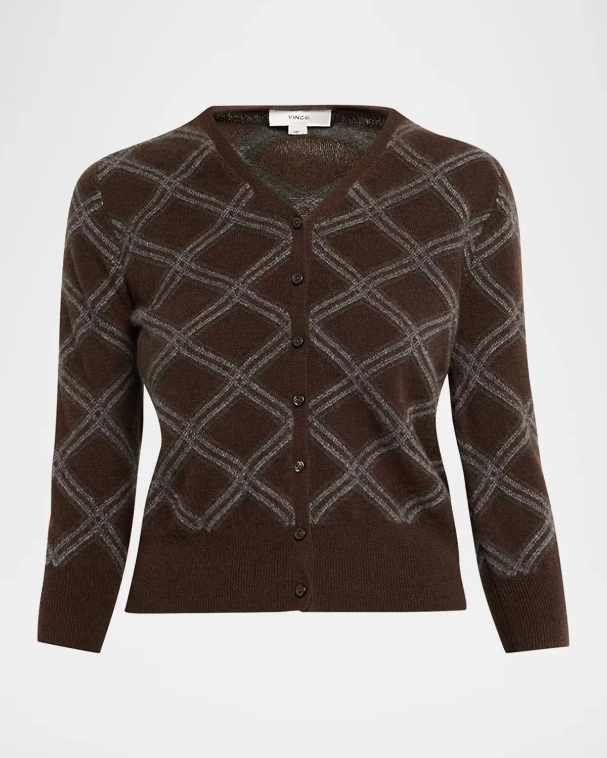Diamond Plaid Cashmere V-Neck Cardigan by Vince
