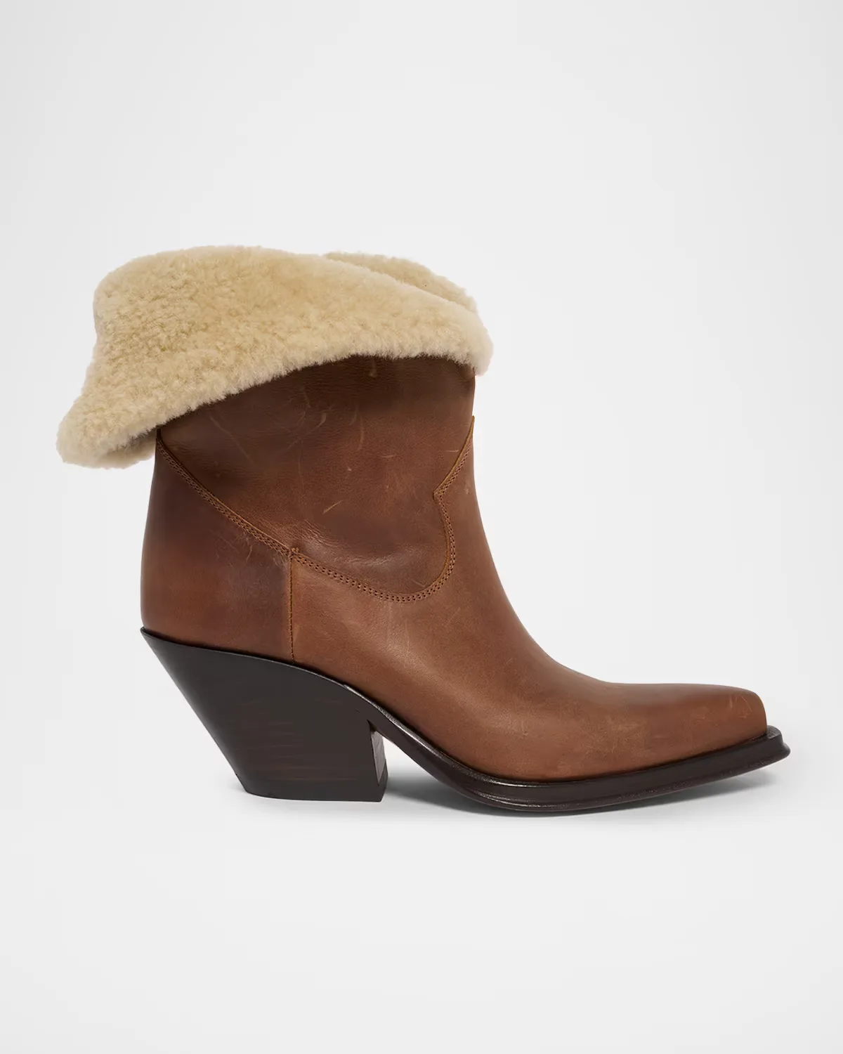 65mm Azelan Shearling-Lined Western Leather Ankle Boots by Chloé