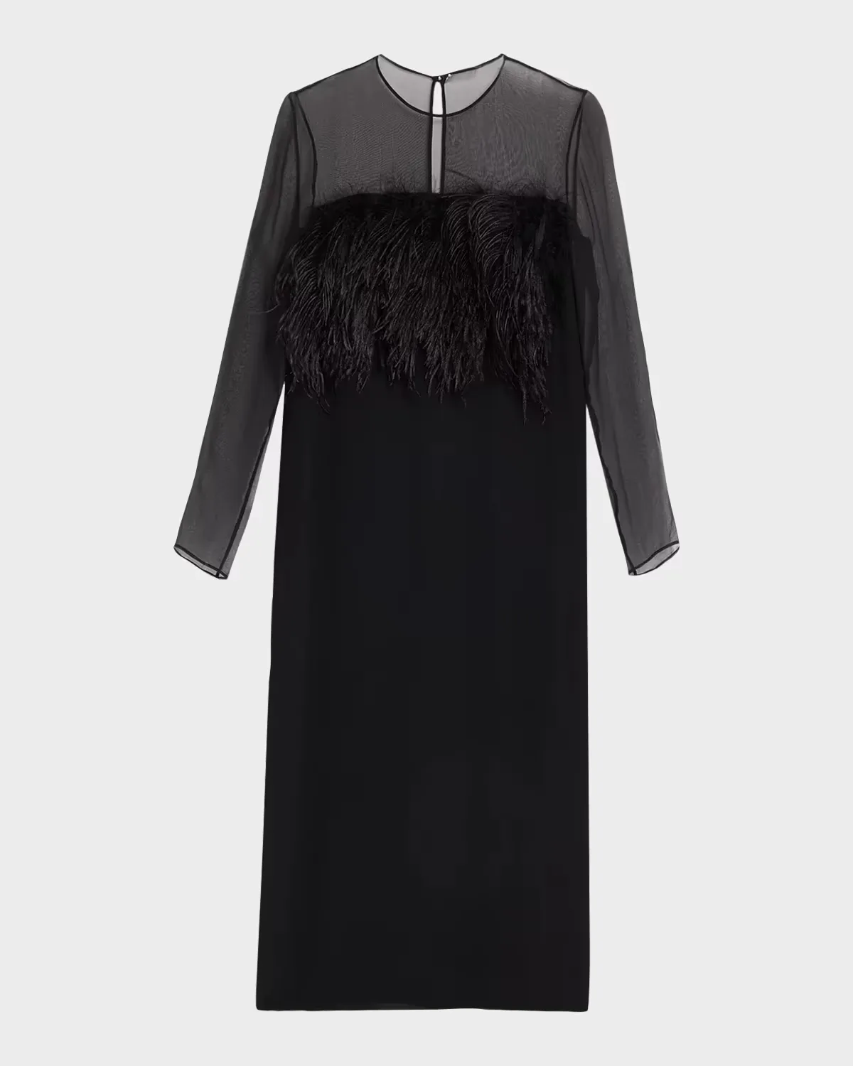Feather-Trim Sheer Long-Sleeve Enver Satin Midi Dress by Alberta Ferretti