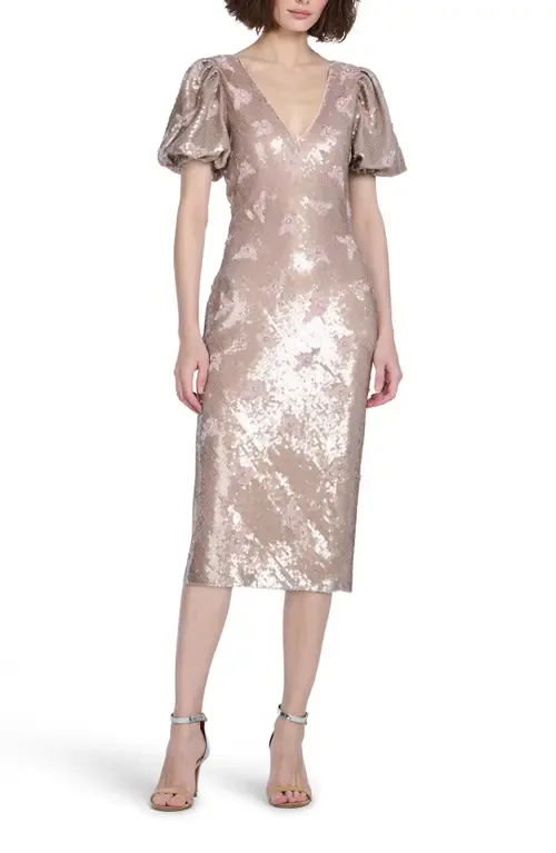 Stretch Sequin Floral Cocktail Midi Dress by EMILY SHALANT