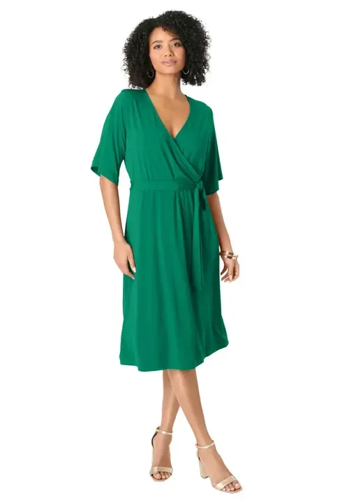 Short Sleeve Wrap Fit and Flare Dress by Roaman's