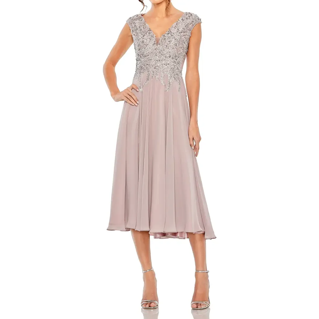 Embroidered Beaded Midi Dress with Cap Sleeves by Mac Duggal