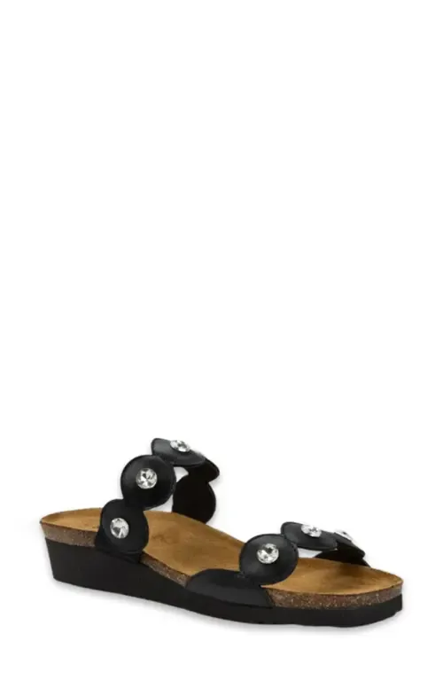 Hailey Slide Sandal in Black Shiny Leather by Naot