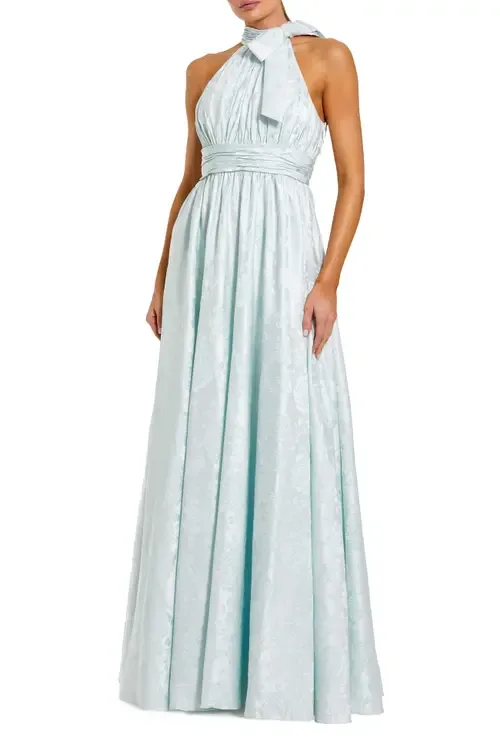 Sleeveless Halter Neck Brocade Gown with Bow Detail by Mac Duggal