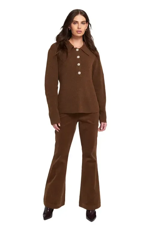 Fuzzy Knit Jumper Henley Sweater by ELLE Collection