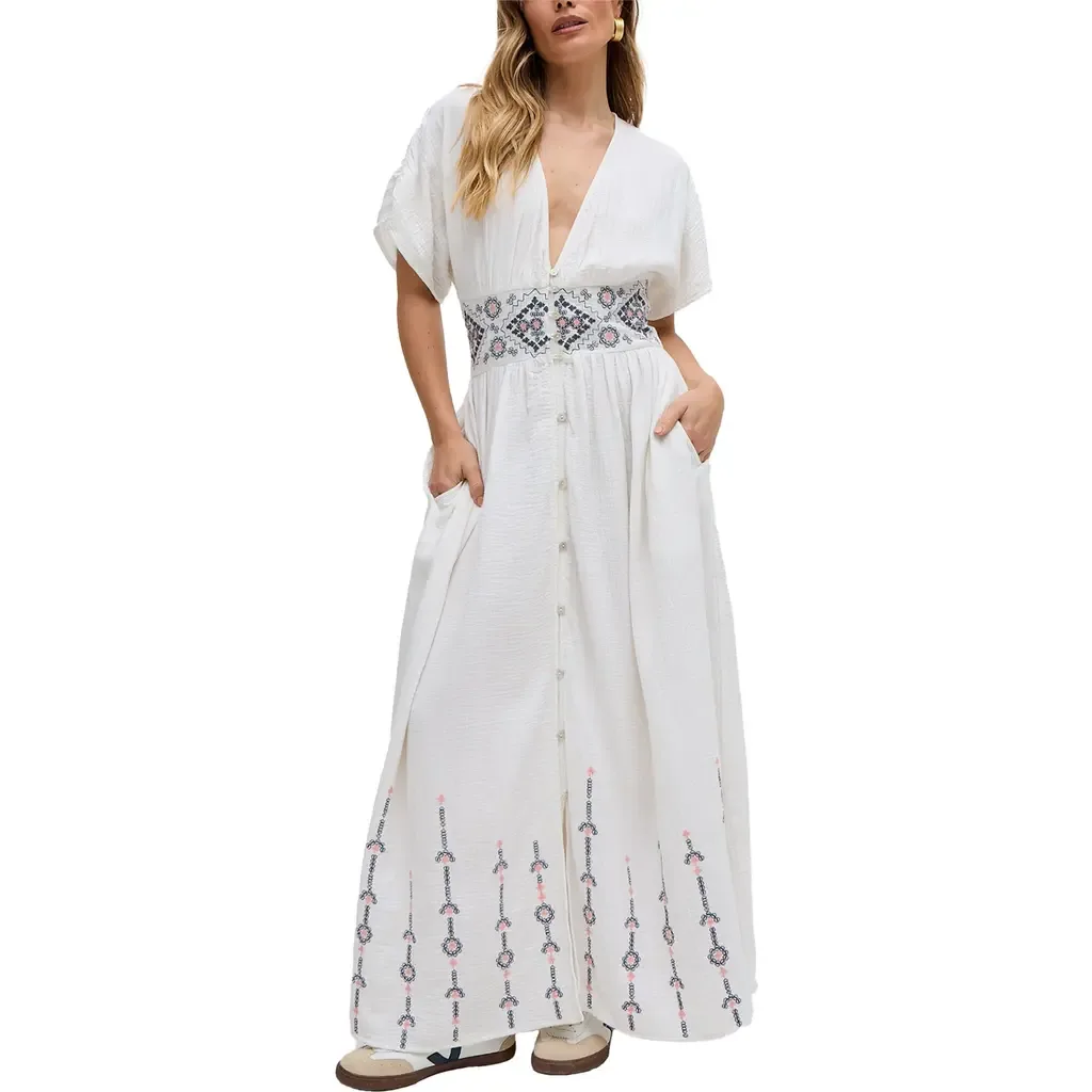 Sally Ann Button Down Embroidery Maxi Dress by Raffya