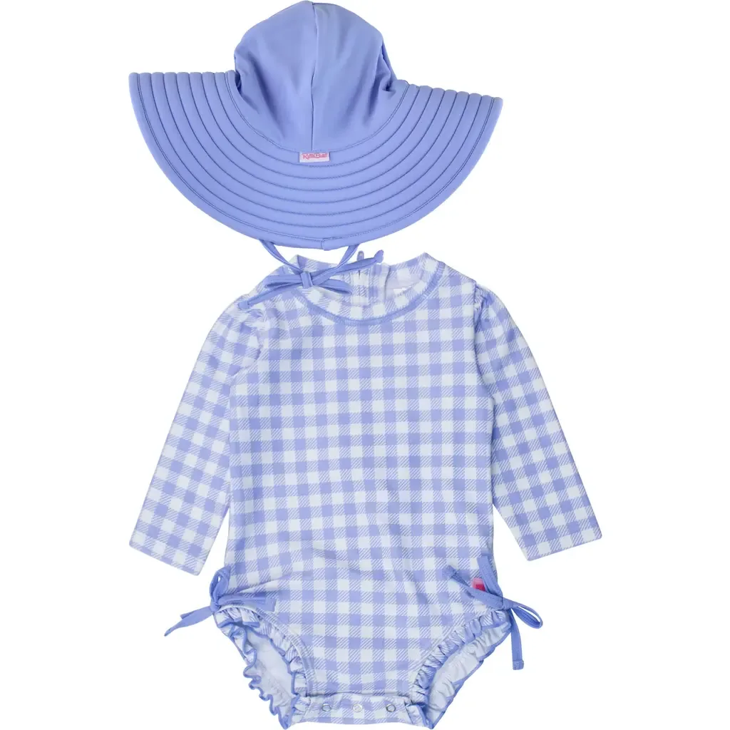 Gingham Long Sleeve One-Piece Rashguard Swimsuit & Hat Set by RuffleButts