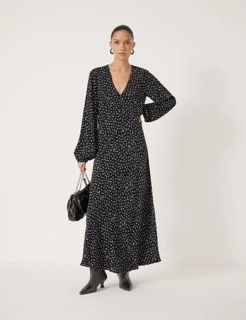 Grace V-Neck Long Sleeve Crepe Dress in Tiny Polka Dot Black
