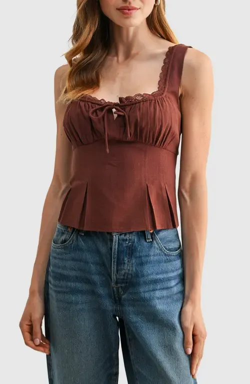 Lace Trim Pleated Rayon and Linen Top by All in Favor