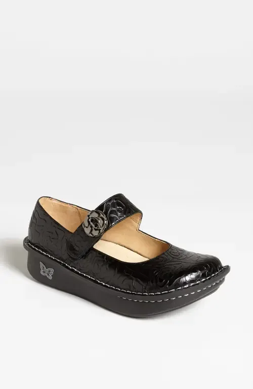 Paloma Platform Mary Jane in Black Embossed Rose Leather by Alegria by PG Lite