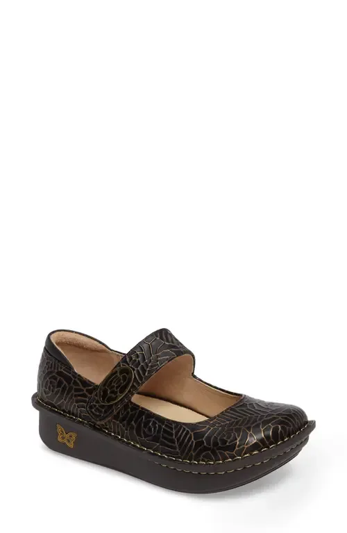 Paloma Platform Mary Jane in Black Embossed Rose Leather