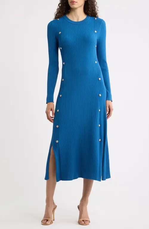 The Tamara Button Detail Long Sleeve Midi Sweater Dress by Elie Tahari